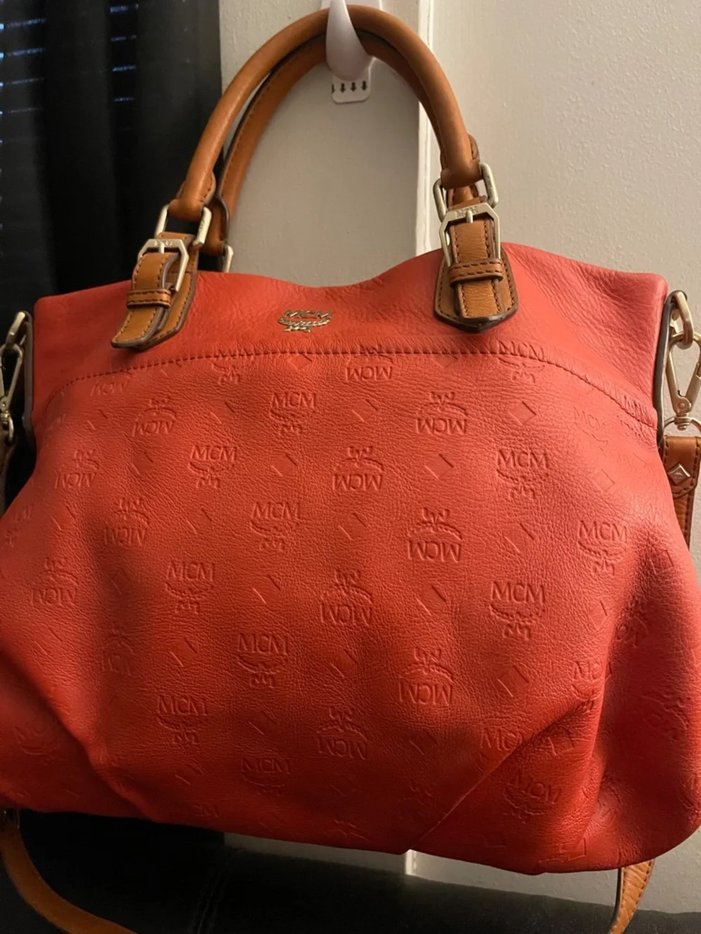 MCM Orange Embossed Leather Medium Two-way Bag W/ Detachable Strap EUC